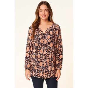 Lucky Brand Jemma Floral Smocked Peasant Top Navy Button Down Viscose Size Large